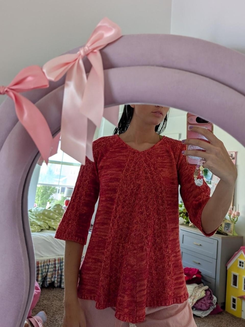 Red Knit Flared Sleeve Sweater Top